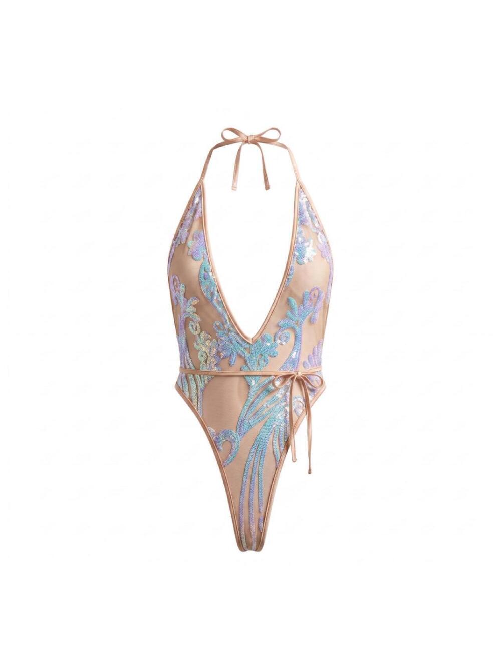 Iridescent Sequin Nude Mesh Thong One-Piece [COPY]